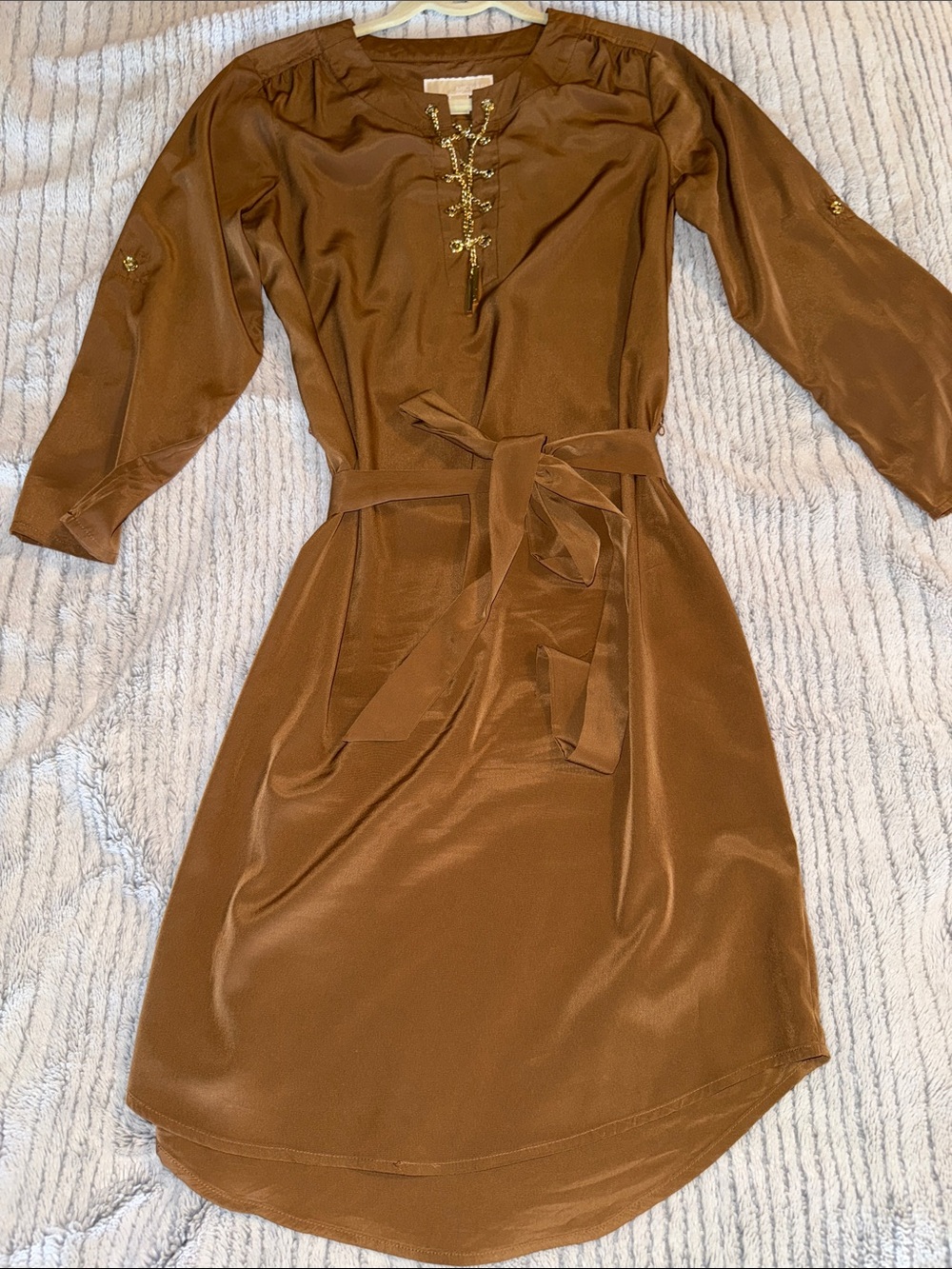 MICHAEL Michael Kors Chestnut Brown Tie-Waist Midi Dress with Gold Trim